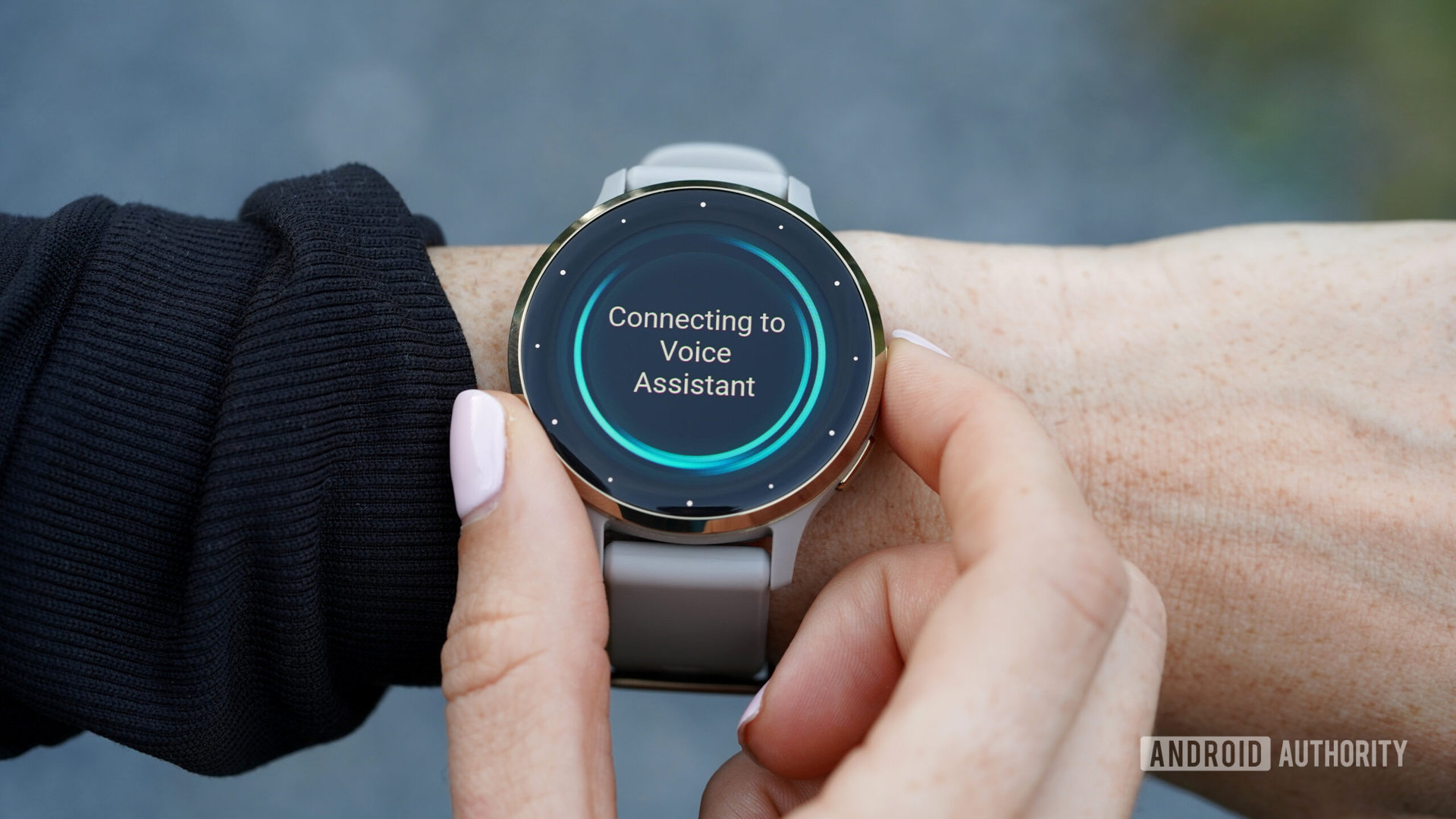 A user access their voice assistant via their Garmin Venu 3.